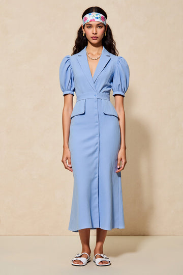Blue Sheath Notched Lapel Long Work Dress with Sleeves